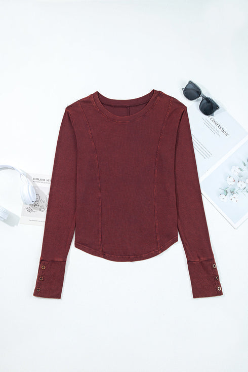 Exposed Seam Ribbed Curved Hem Button Cuff Crewneck Long Sleeve Top